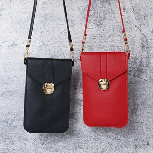 Women PU Leather Crossbody Mobile Phone Bag With Touch Screen Window Round Metal Lock Small Shoulder Purse Wallet