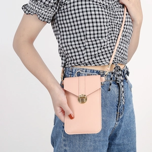 Pink PU leather touchscreen phone crossbody bag with gold twist lock and shoulder strap
