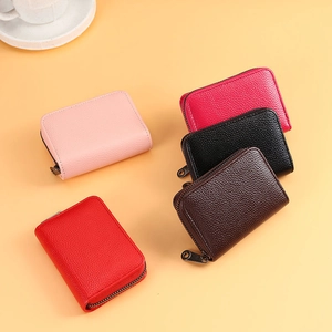 Porte-cartes minimaliste en cuir grainé avec fermeture éclair en cinq couleurs