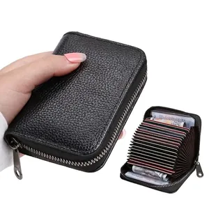Porte-cartes noir en cuir grainé avec 18 fentes et fermeture éclair de sécurité