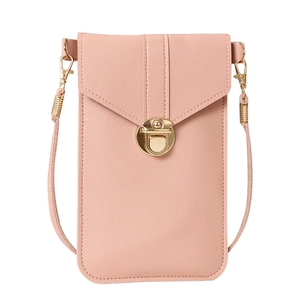 Pink PU leather crossbody phone bag with gold clasp closure and touchscreen window