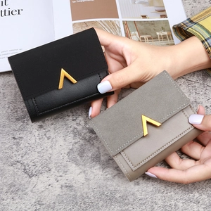 Three-fold PU leather women's short wallet with gold V-shape metal buckle in black and grey
