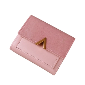 Pink trifold wallet for women with stylish gold V-metal buckle on white background
