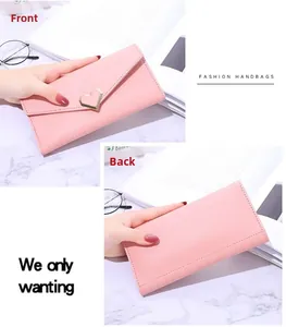 Detailed front and back views of a pink envelope long wallet with heart-shaped metal clasp