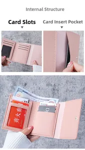 Internal structure of a pink tri-fold wallet showing card slots and ID window