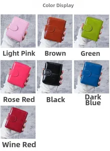 Short oil wax leather women's wallet shown in seven colors with zip and buckle closure