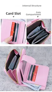 Pink leather wallet internal structure with multiple card slots and zipper coin pocket
