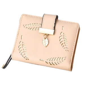 Short pink bifold wallet with leaf cut-out design and metal charm pendant