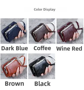 Detailed color display of vintage buckle purses in dark blue, coffee, burgundy, brown, black