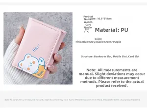 Detail of pink PU leather trifold wallet featuring cartoon bear and card slot structure