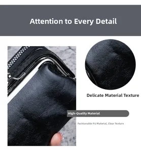 Close-up of black PU leather texture with litchi grain and silver buckle detail