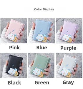 Detailed multi-color display of cute cartoon bear mini tri-fold wallets in PU leather