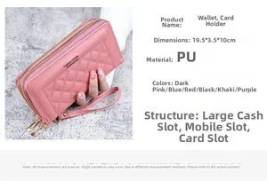 Détail du portefeuille en cuir PU rose matelassé avec dragonne et dimensions incluses