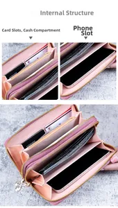 Détail du portefeuille rose long montrant les fentes pour cartes et les compartiments