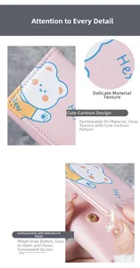Detailed view of pink PU leather purse with cute bear pattern and sturdy metal snap closure