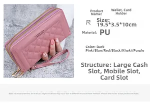 Detailansicht der rosa gesteppten langen Brieftasche mit Doppelreißverschluss und Maßen