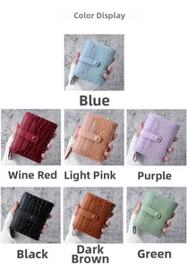 Collage of women's crocodile pattern wallets in seven assorted colors with snap closure