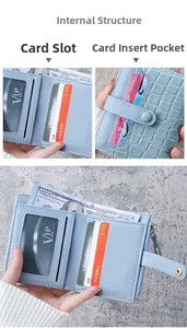 Detail of light blue crocodile texture wallet showing card slots and zipper pocket