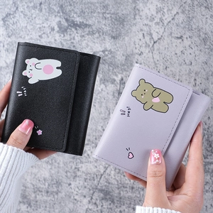 Cute cartoon bear printed tri-fold mini wallets in black and purple colors for women