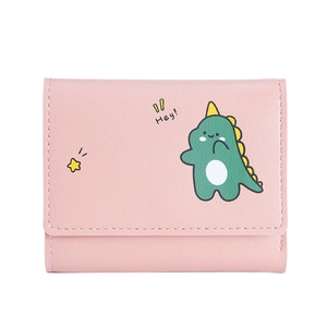 Pink minimalist short trifold wallet with cute cartoon dinosaur print and Hey text