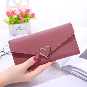 Women Long Wallet PU Leather Heart Metal Buckle Multi Card Slots Clutch Purse Envelope Phone Holder Sweet Style