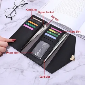 Black long tri-fold wallet featuring multiple card slots, photo holder and zipper pocket