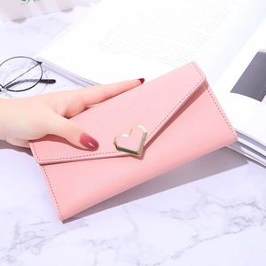 Pink faux leather long wallet for women with golden heart clasp and envelope flap