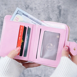 Pink vintage oil wax leather short bifold wallet with card slots and coin pocket
