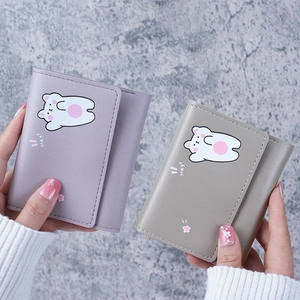 Minimalist PU leather tri-fold mini wallets in purple and grey with cartoon bear pattern