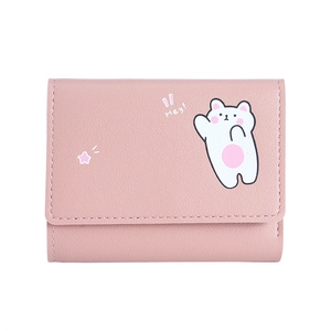 Pink minimalist trifold wallet with cute cartoon animal print and litchi texture