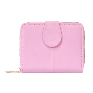 Short vintage oil wax leather wallet for women with pink snap closure and gold zipper