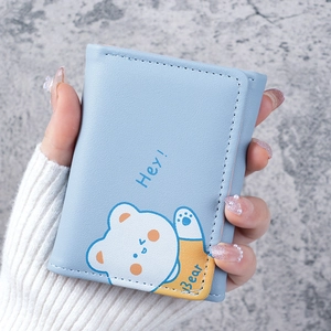 Cute Cartoon Bear Print Trifold Short Wallet PU Leather Multi Card Slots Sweet Mini Purse For Women Girls