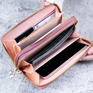 Portefeuille long rose pour femme à double fermeture éclair et grand compartiment