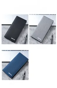 Detailed view of slim long wallets for men in black, grey, and blue fabric texture