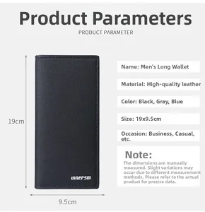 Detailed size specifications for a slim men's long leather wallet in cross-grain finish