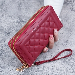 Portefeuille Femme en Cuir PU Matelassé à Losanges Double Fermeture Éclair Grande Capacité Pochette Avec Dragonne Vintage