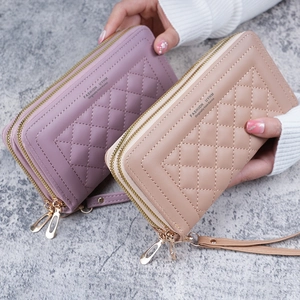 Portefeuilles longs matelassés à double fermeture éclair en similicuir violet et beige