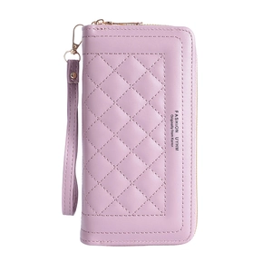 Portefeuille long matelassé pour femme en violet clair avec double zip et dragonne