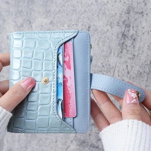 Light blue faux crocodile leather multi-slot card holder wallet with gold buckle closure