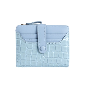 Short light blue crocodile texture wallet for women with snap closure and top zipper