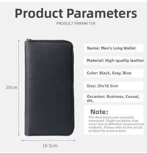 Detailed size parameters of a long black men's wallet with leather texture and U-zipper