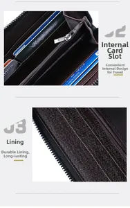 Detail view of large capacity card slots and durable fabric lining in men's long wallet