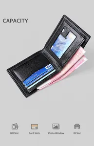 Detailansicht der schwarzen Brieftasche mit Kartenfächern, Geldscheinfach und Ausweisfenster