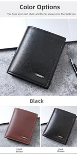 Close-up of classic PU leather men's wallets in black, light brown, and dark brown shades