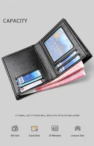 Internal layout of black bifold PU leather wallet showing card slots and ID window