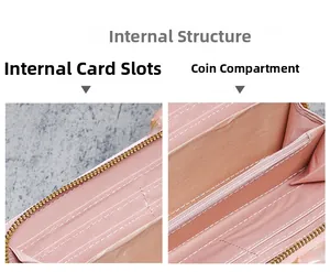 Détail intérieur du portefeuille pour femme rose avec fentes pour cartes et poche zippée