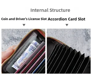 Detail view of red leather accordion wallet featuring multiple card slots and gold zipper