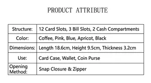 Detailed spec chart for long PU leather purse with 12 card slots and zip pocket
