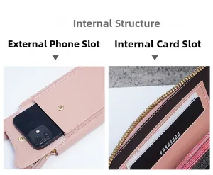 Detail of pink crossbody wallet with phone pocket and multi-card slot internal structure