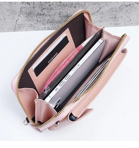 Pink long leather wallet with multi-card slots and a smartphone compartment showing large capacity